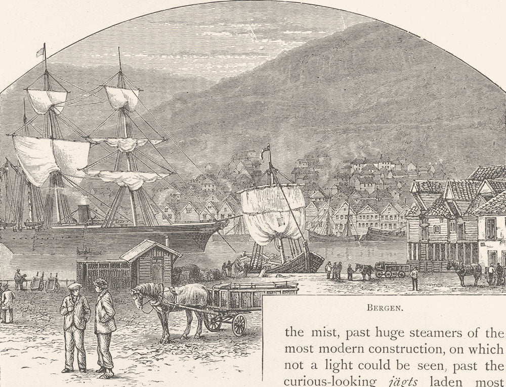 NORWAY. Bergen 1890 old antique vintage print picture